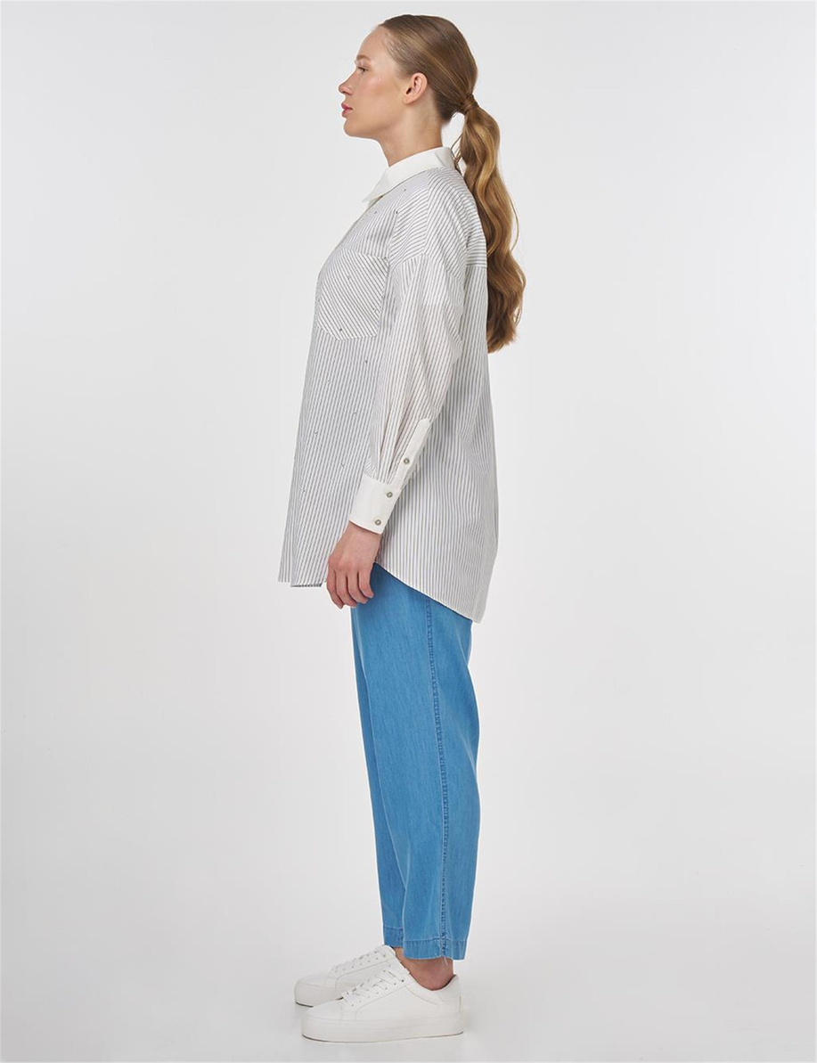 Hotfix Baskılı Çizgi Desen Tunik Haki