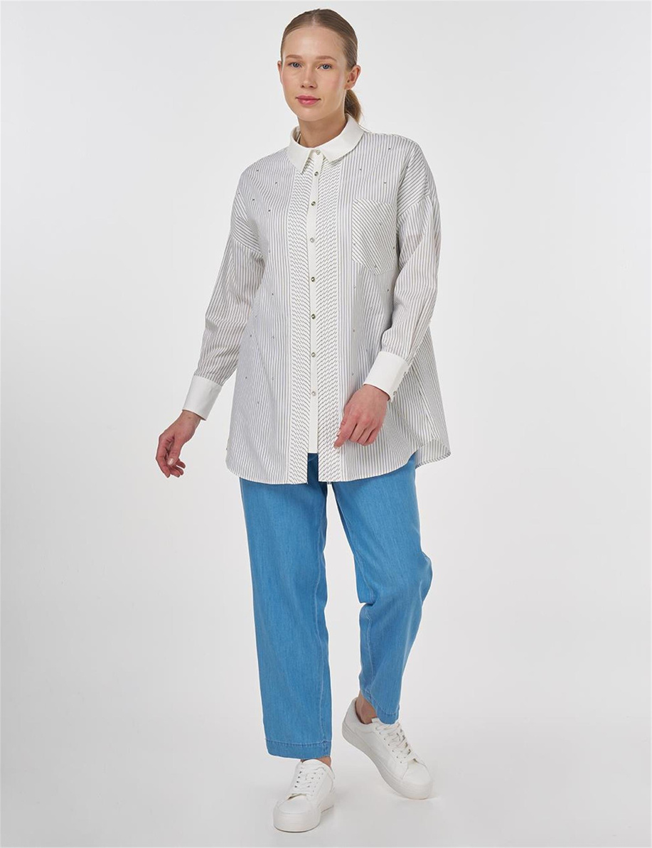 Hotfix Baskılı Çizgi Desen Tunik Haki