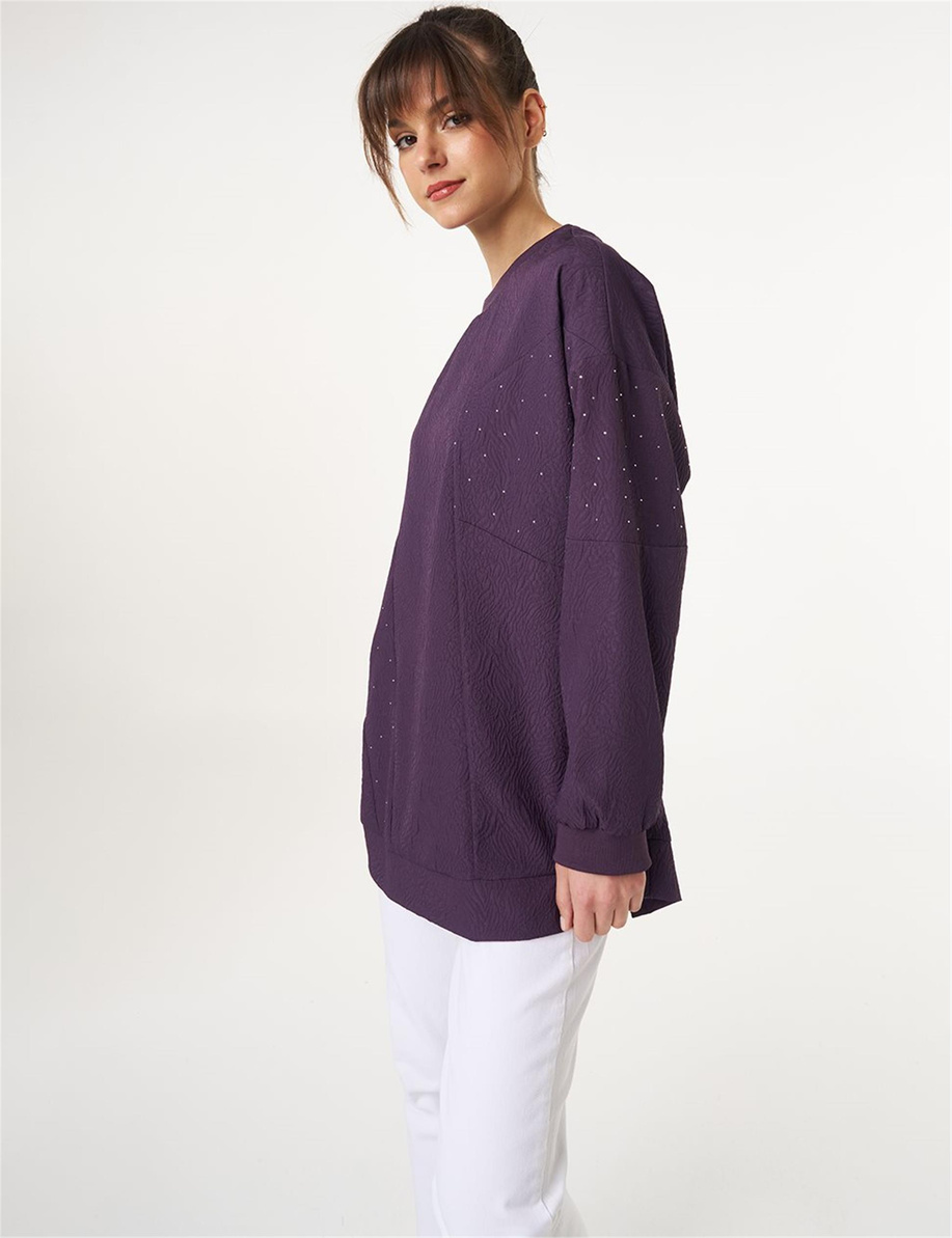 Hotfix Baskılı Gofreli Sweatshirt Patlıcan Moru