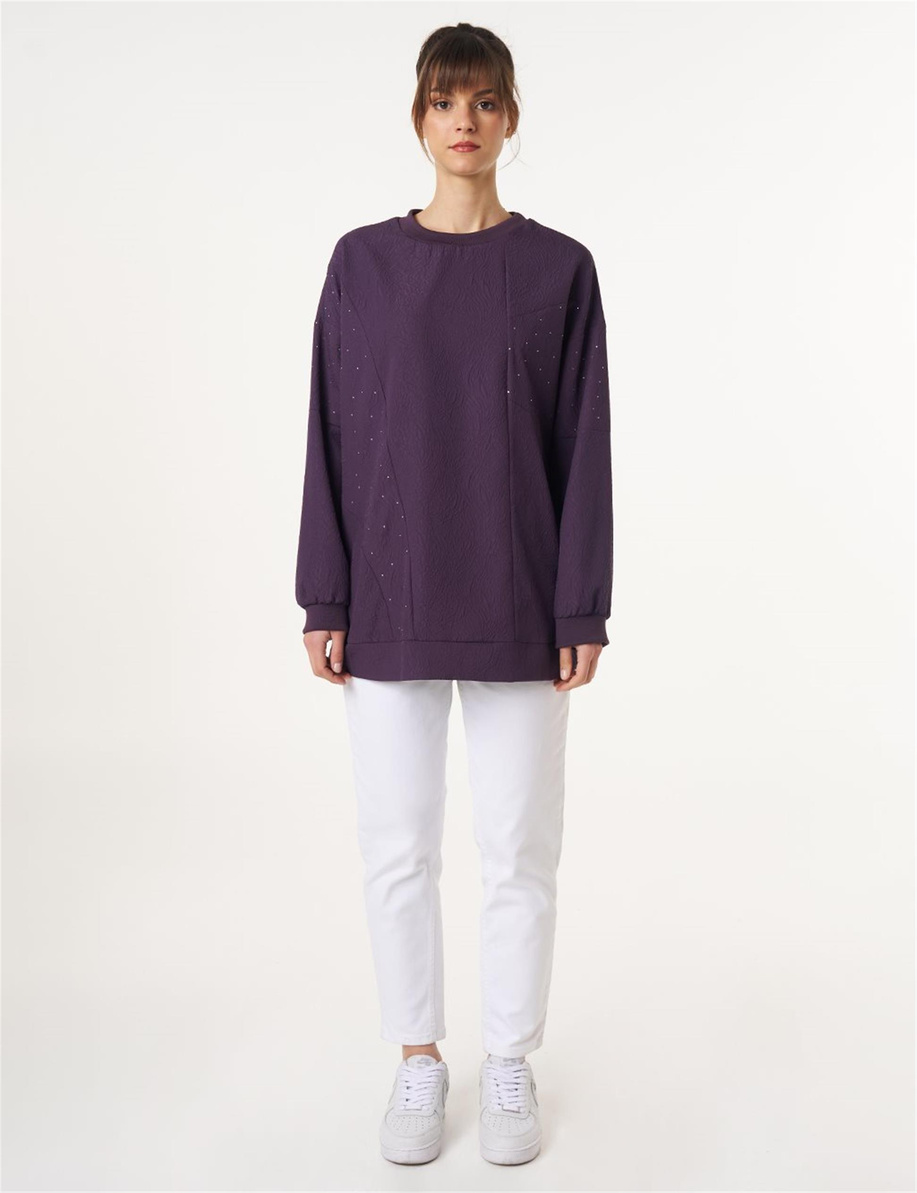 Hotfix Baskılı Gofreli Sweatshirt Patlıcan Moru