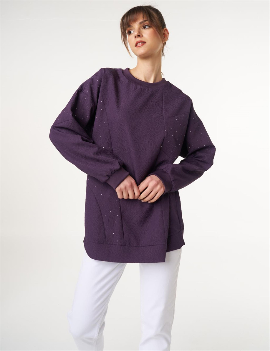 Hotfix Baskılı Gofreli Sweatshirt Patlıcan Moru