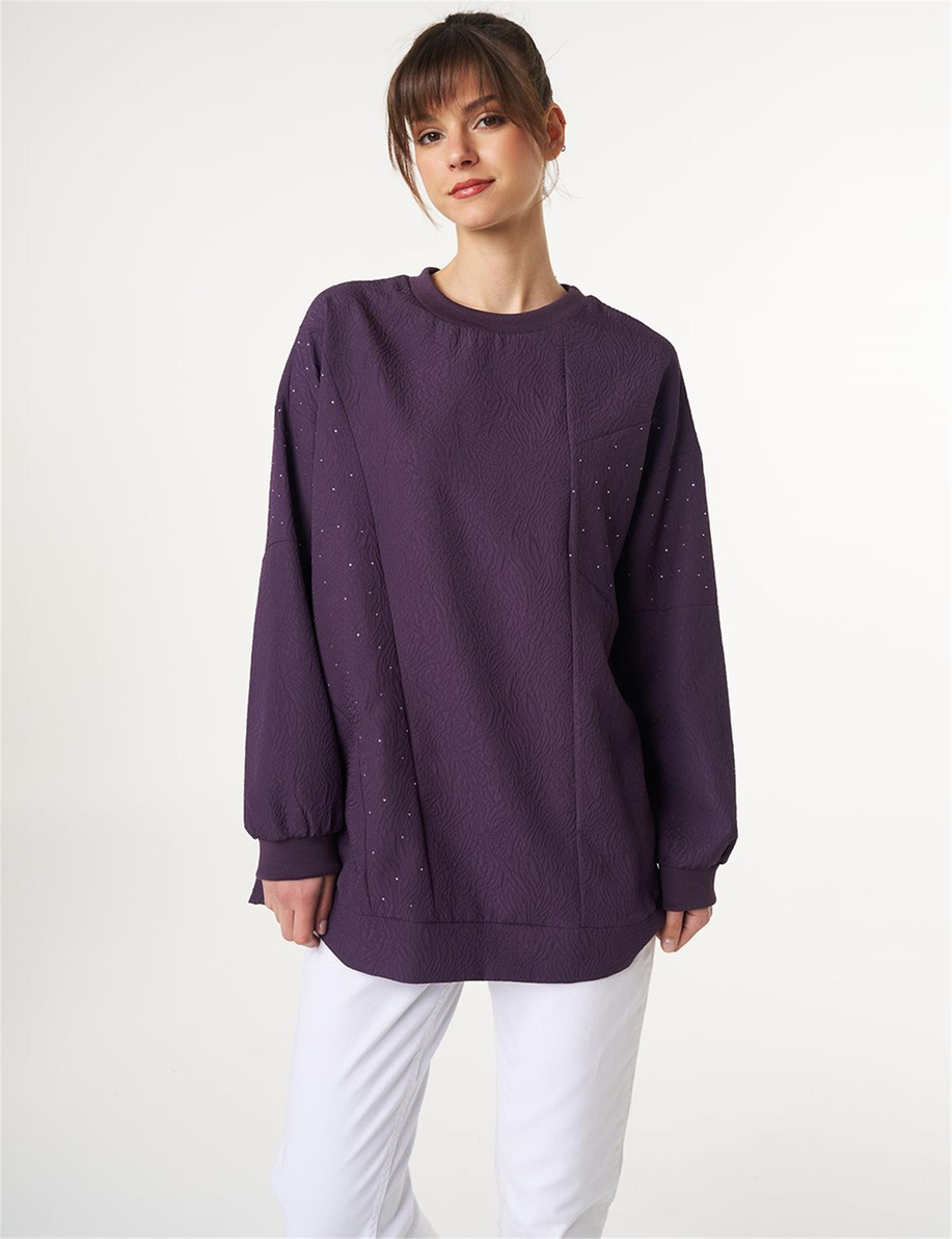 Hotfix Baskılı Gofreli Sweatshirt Patlıcan Moru