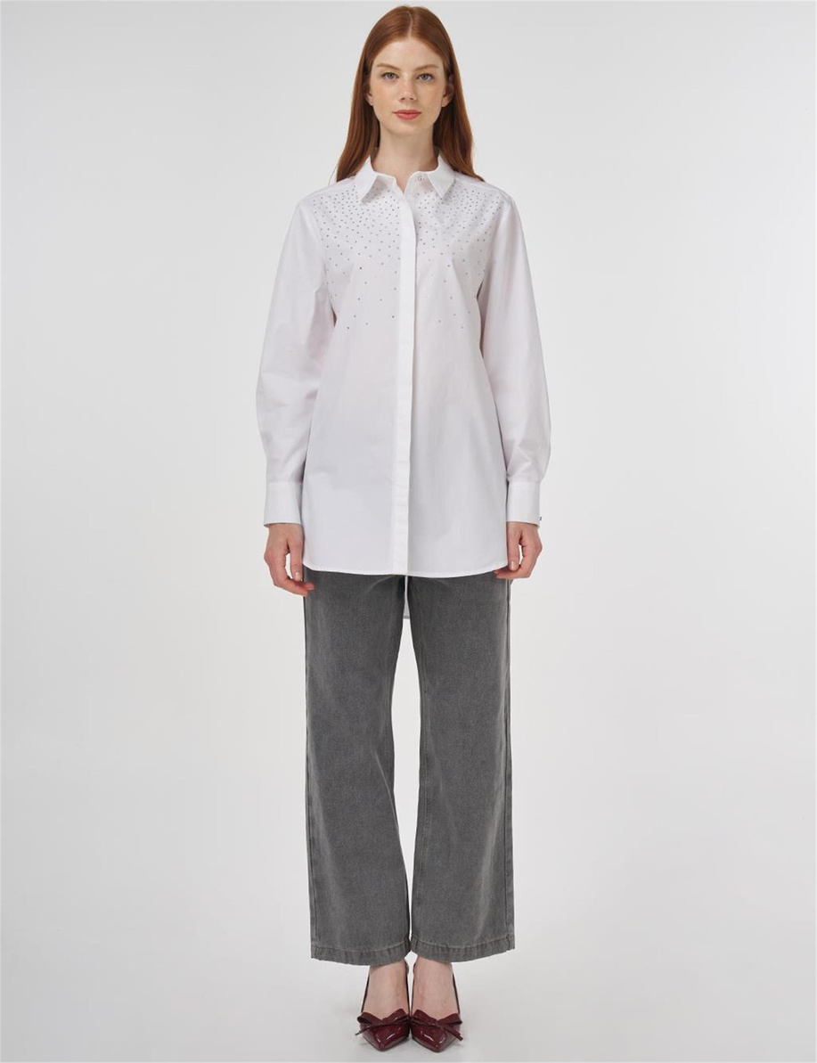 Hotfix Baskılı Pamuklu Tunik Optik Beyaz