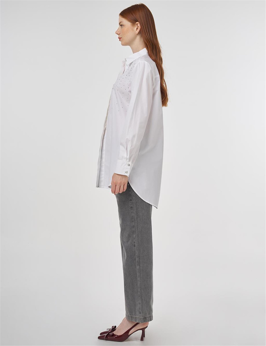 Hotfix Baskılı Pamuklu Tunik Optik Beyaz