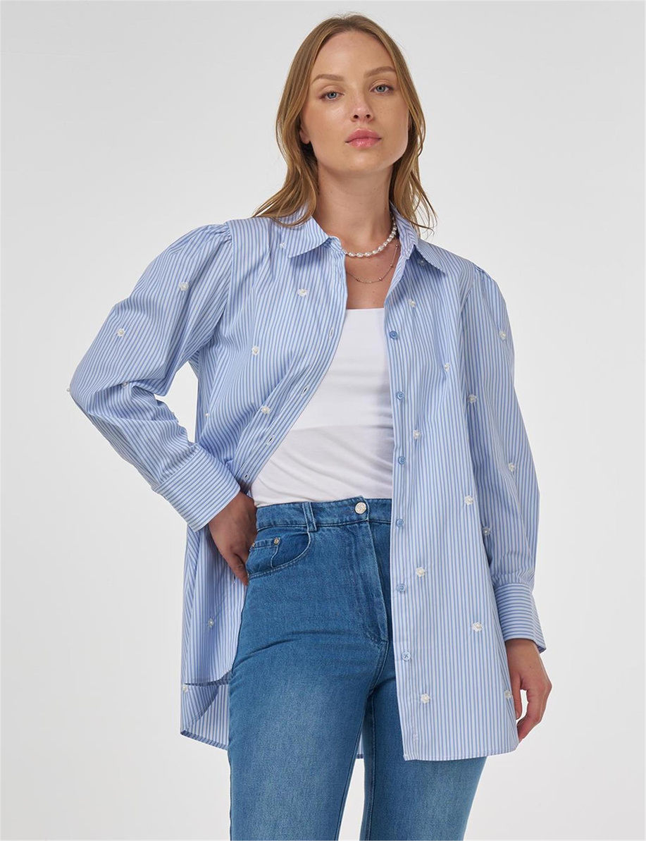 İnci Detaylı Viskon Tunik Mavi