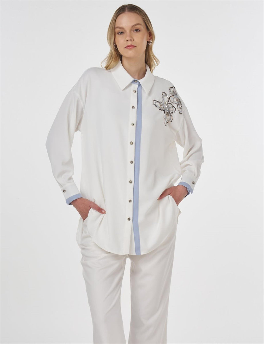 İşleme Detaylı Tunik Ekru