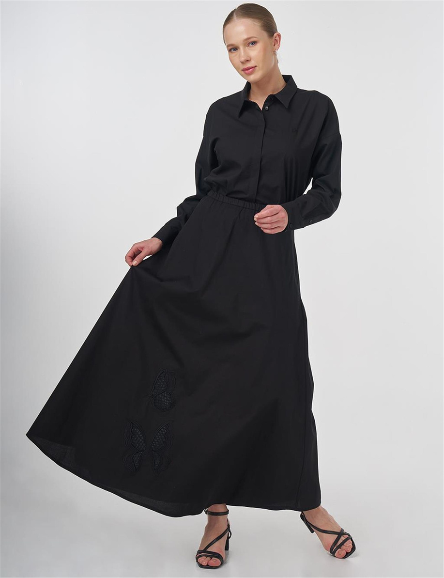 İşlemeli Kloş Etek Siyah