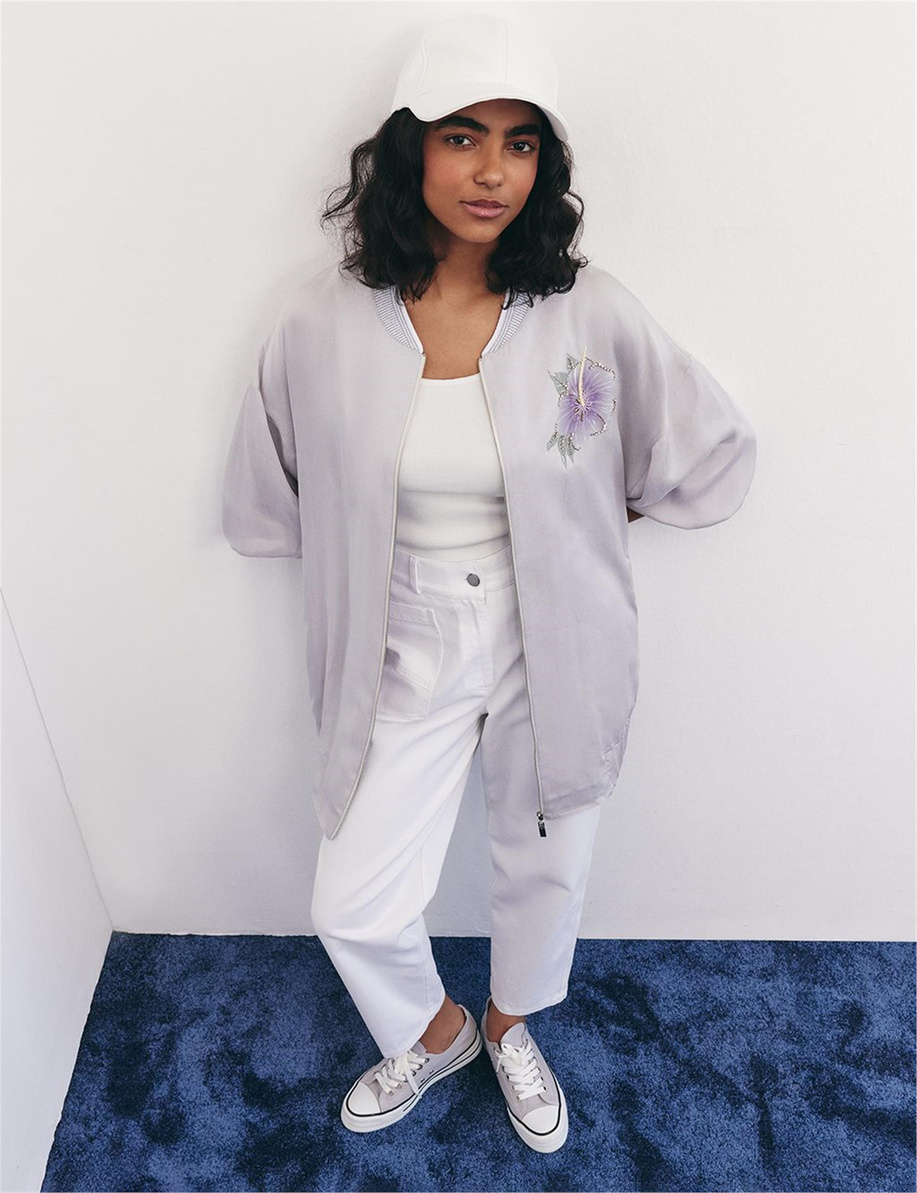 İşlemeli Lyocell Ceket Gri