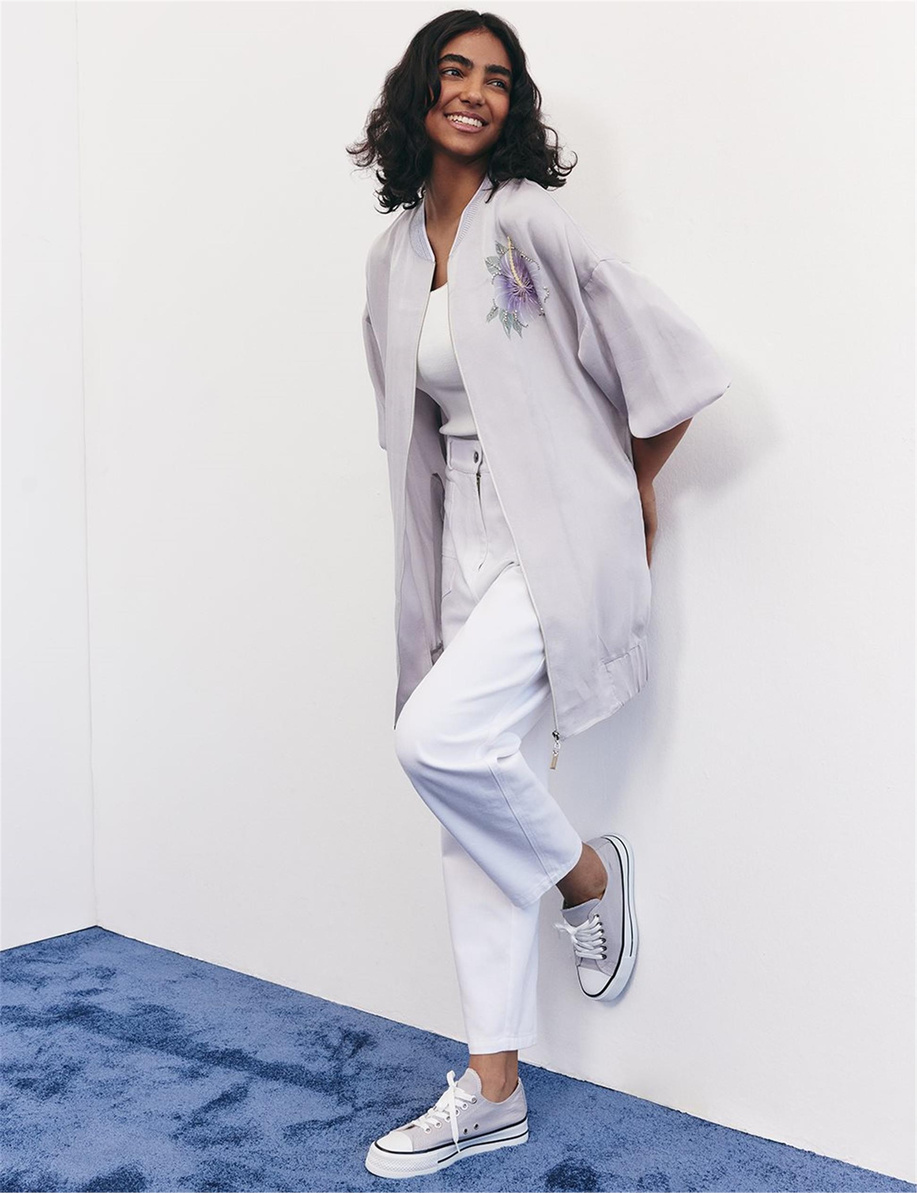 İşlemeli Lyocell Ceket Gri