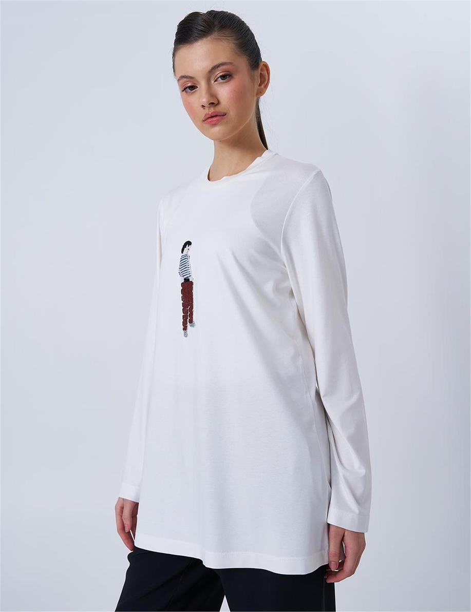 İşlemeli Pamuklu Tunik Optik Beyaz