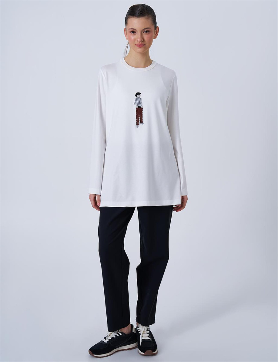 İşlemeli Pamuklu Tunik Optik Beyaz