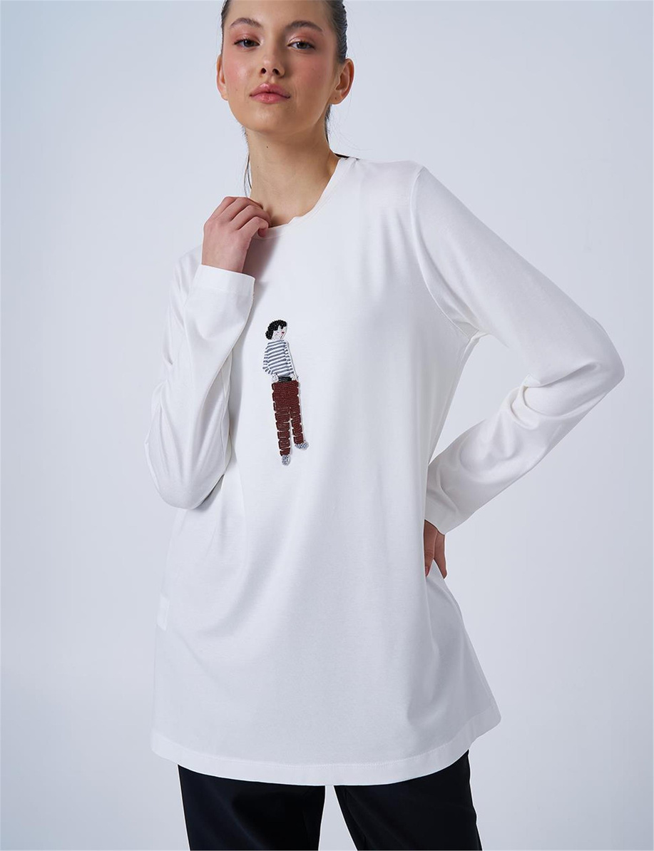 İşlemeli Pamuklu Tunik Optik Beyaz