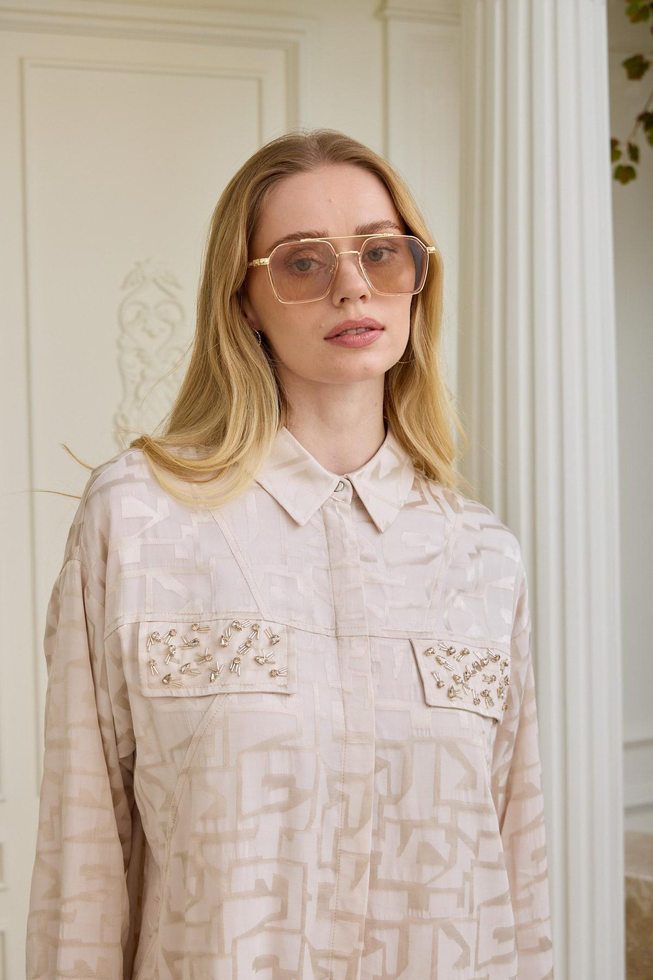 Jakar Desenli İpek Saten Bej Takım