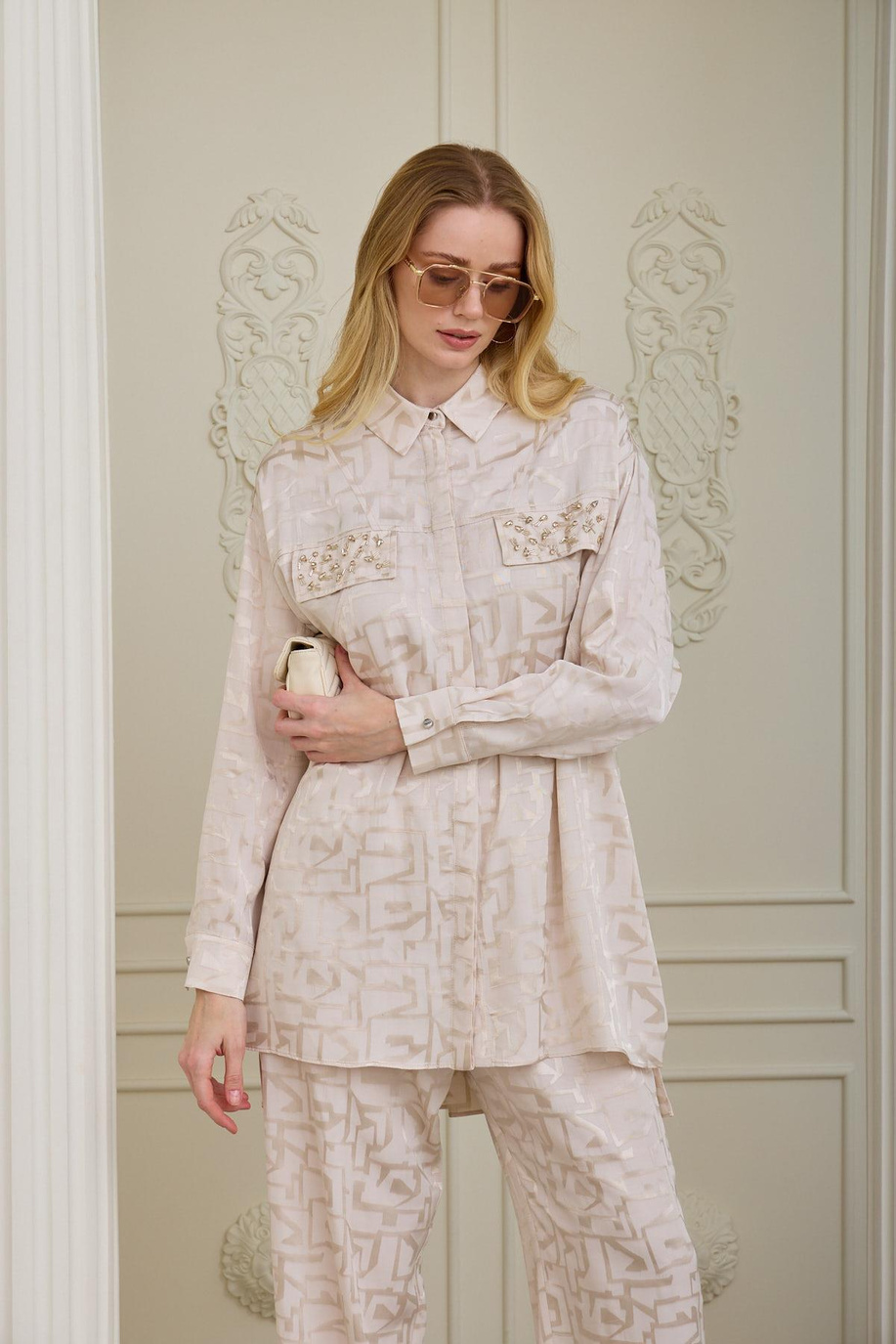 Jakar Desenli İpek Saten Bej Takım