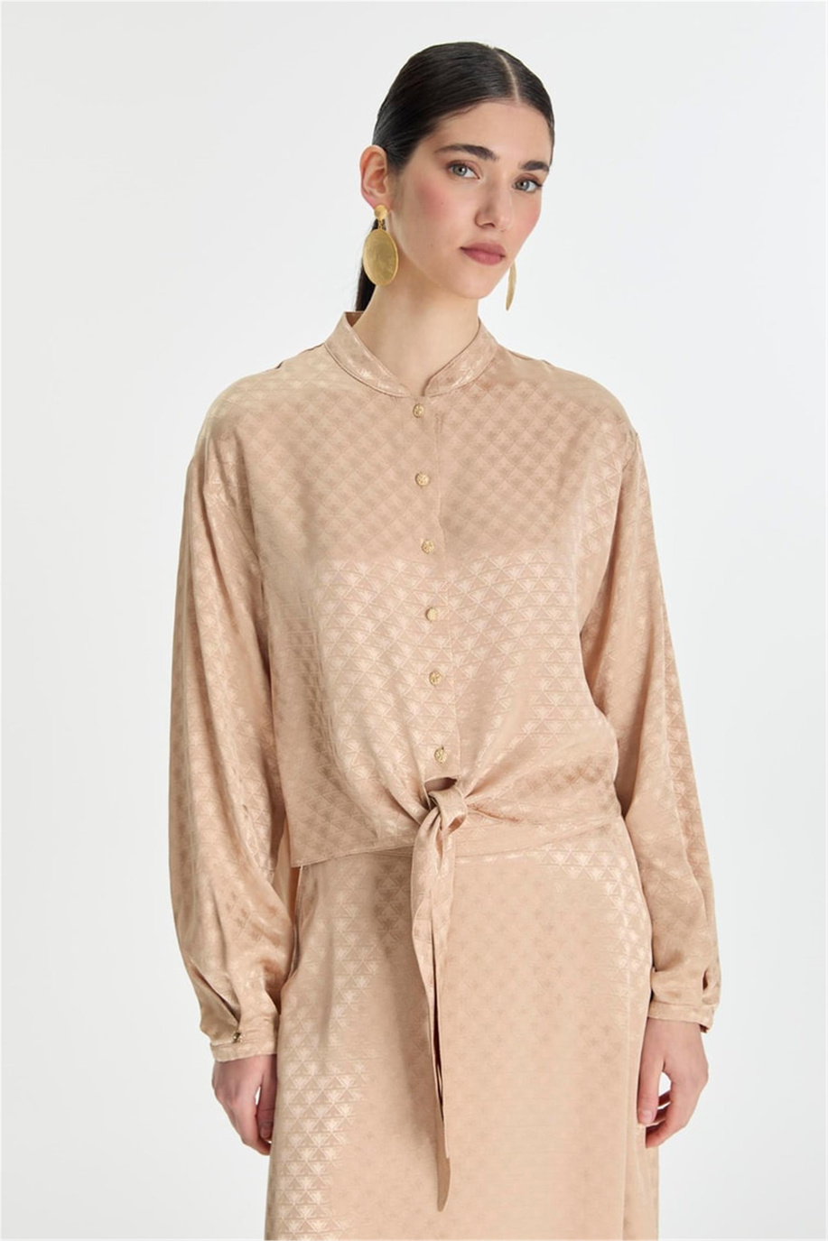 Jakarlı Bluz Etek Takım Bej - 25YZ1489