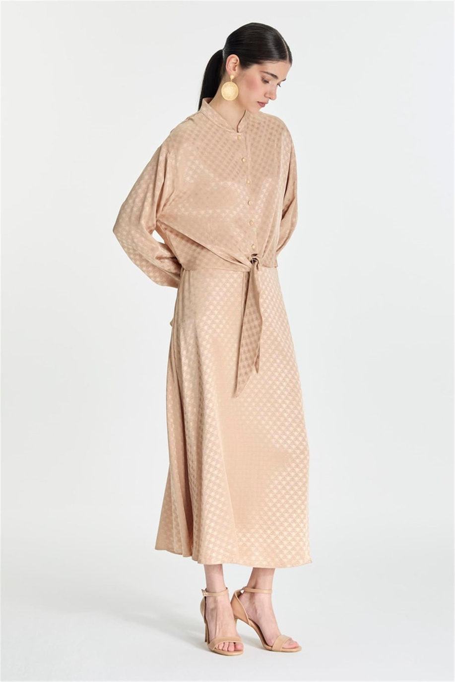 Jakarlı Bluz Etek Takım Bej - 25YZ1489