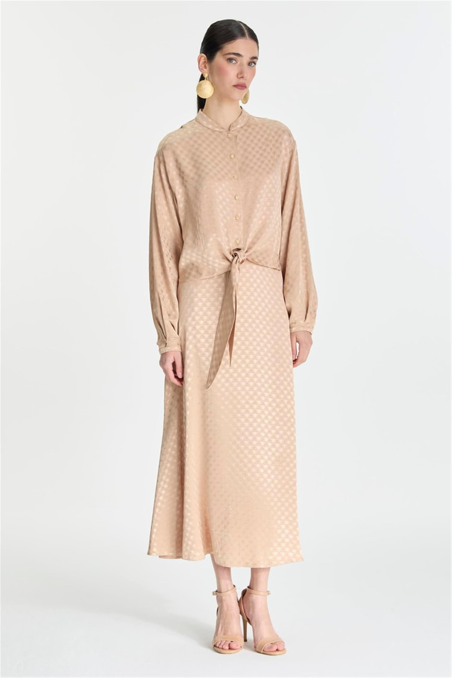 Jakarlı Bluz Etek Takım Bej - 25YZ1489