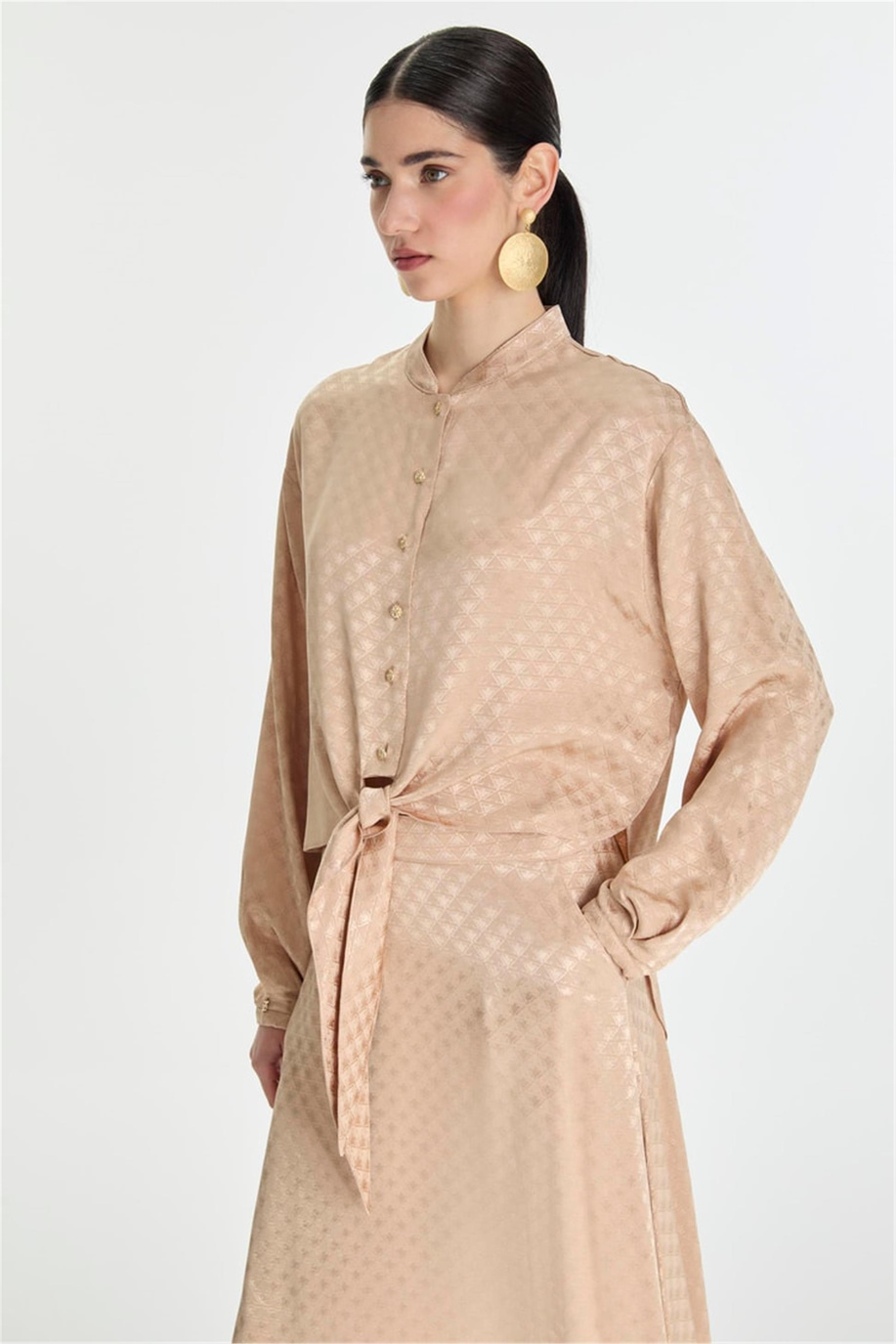 Jakarlı Bluz Etek Takım Bej - 25YZ1489