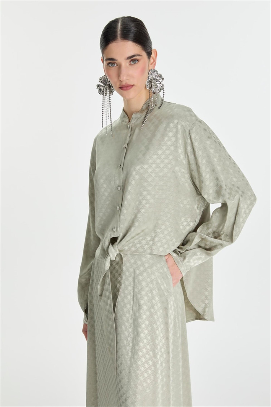 Jakarlı Bluz Etek Takım Çağla - 25YZ1489