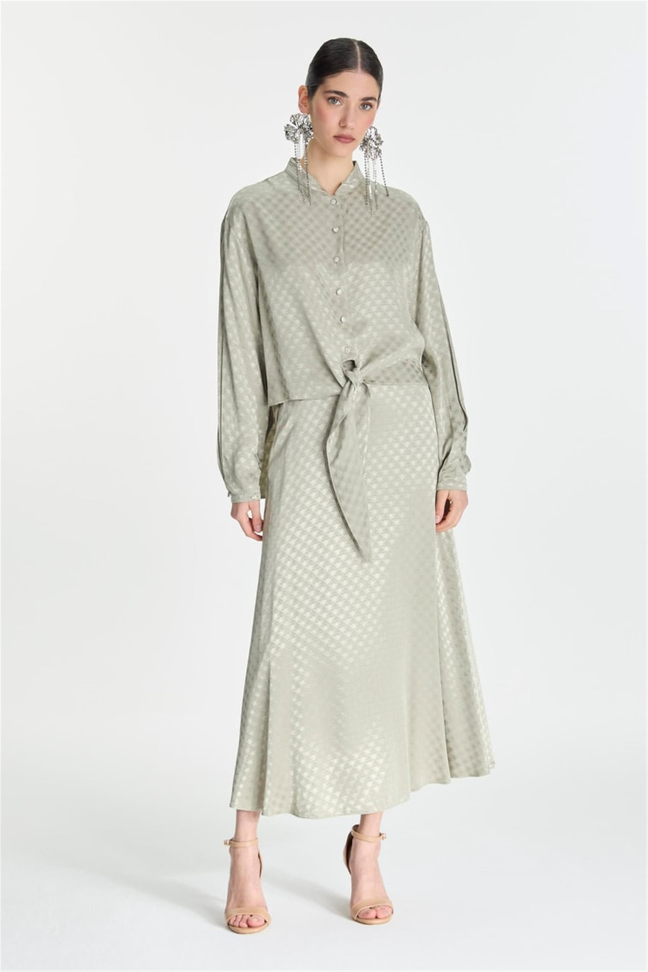 Jakarlı Bluz Etek Takım Çağla - 25YZ1489