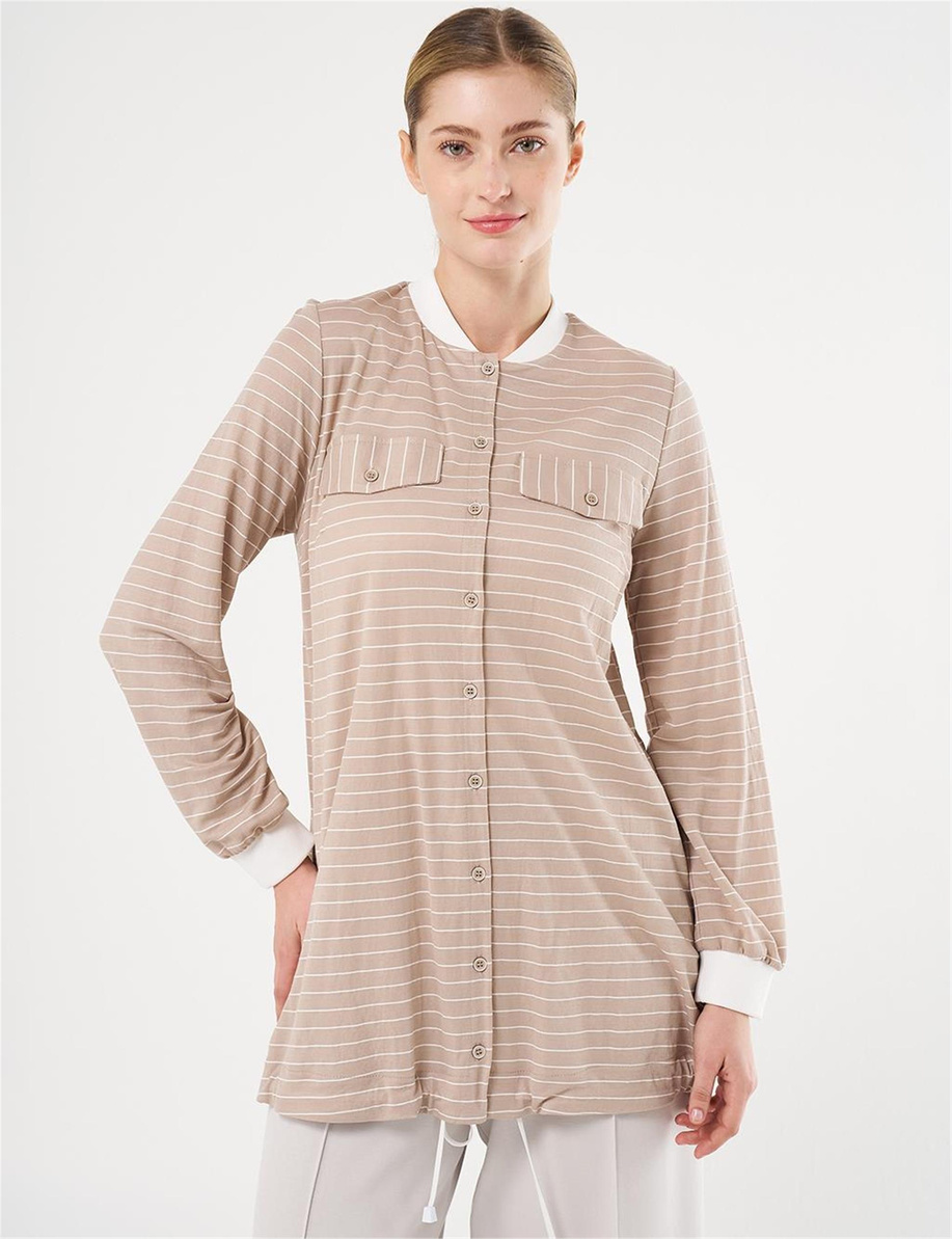 Kapak Cepli Çizgi Desen Tunik Taş