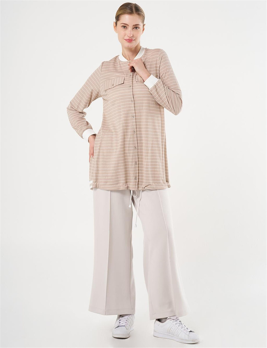 Kapak Cepli Çizgi Desen Tunik Taş