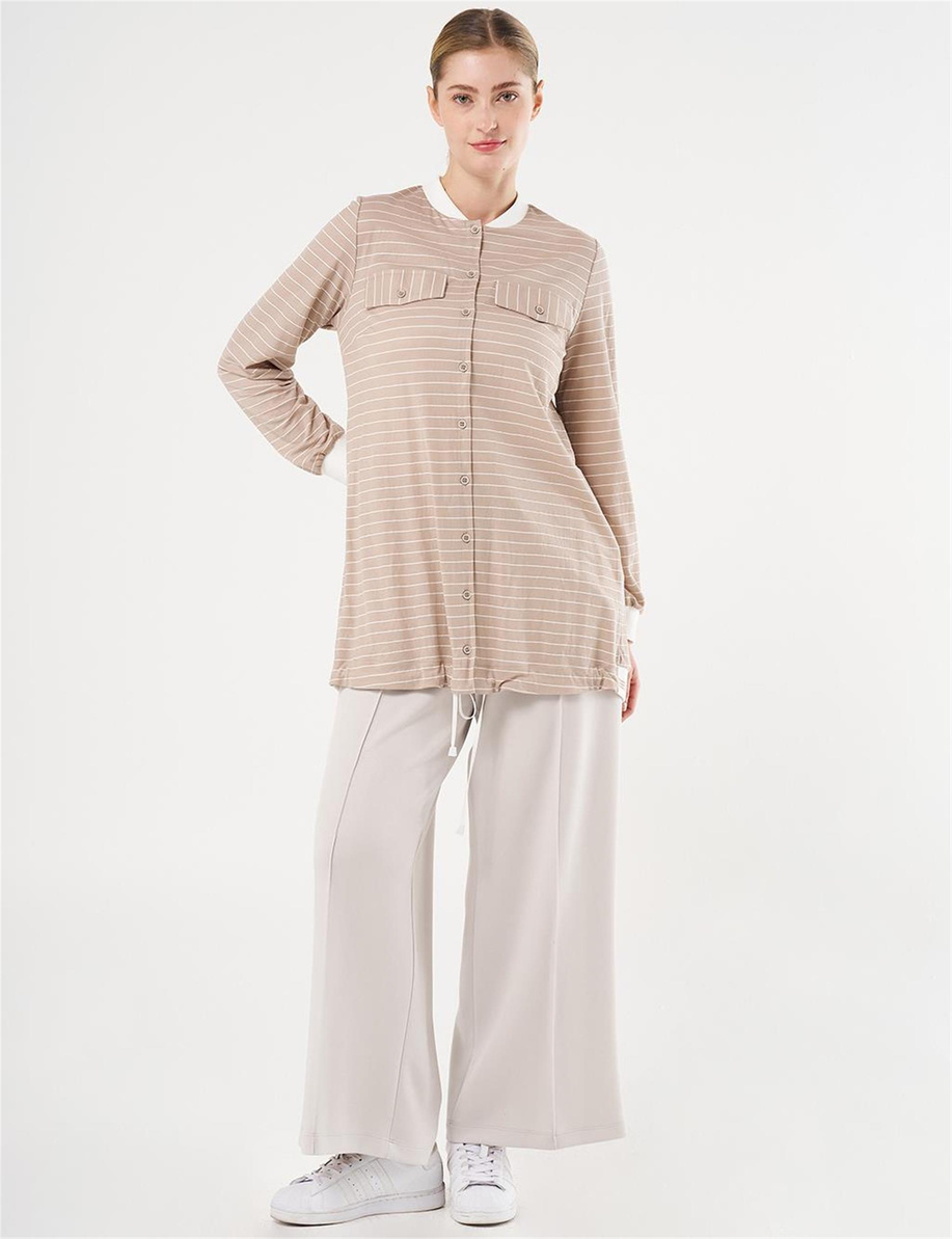 Kapak Cepli Çizgi Desen Tunik Taş