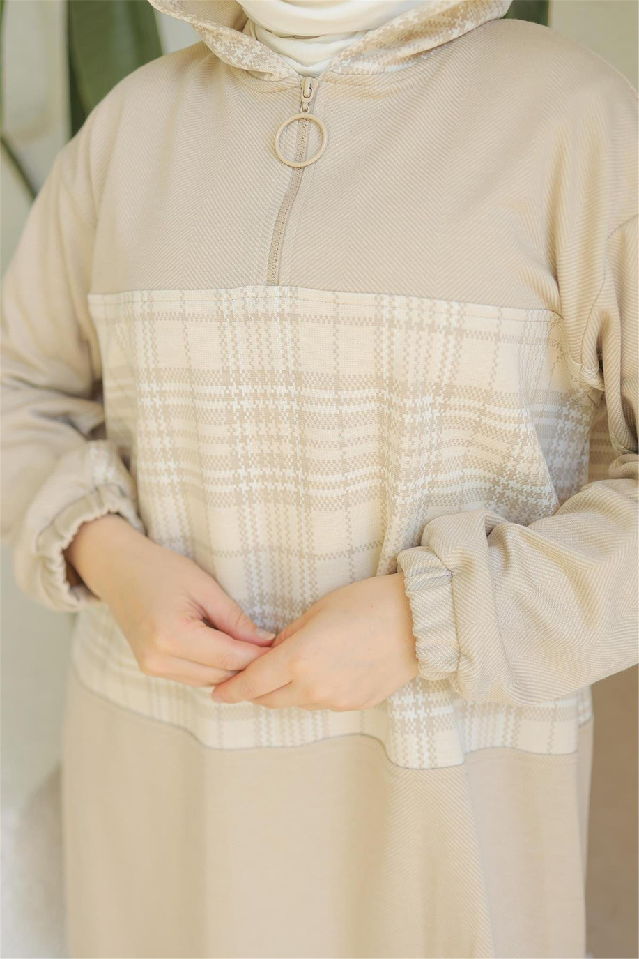 Kapişonlu Etekli İkili Bej Takım