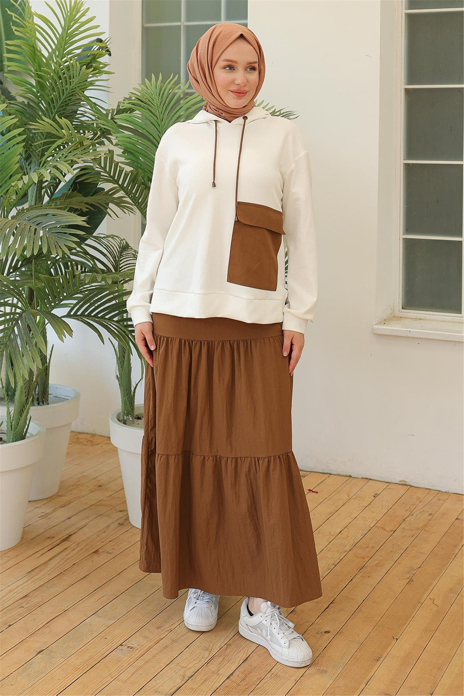 Kapişonlu Etekli İkili Ekru Takım
