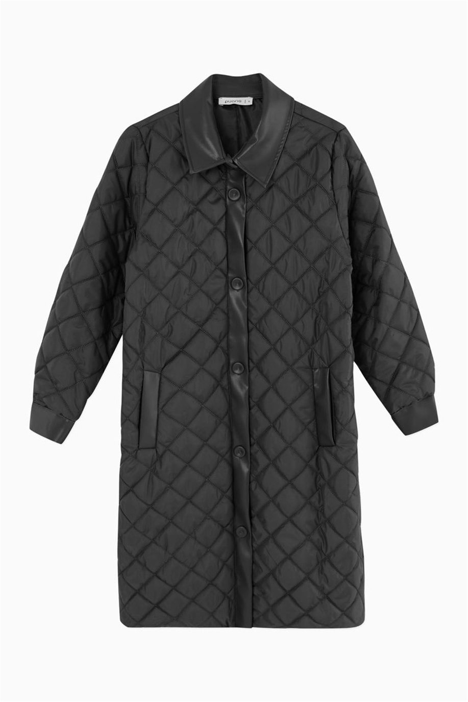 Kapitone Detaylı Fermuarlı Siyah Kaban