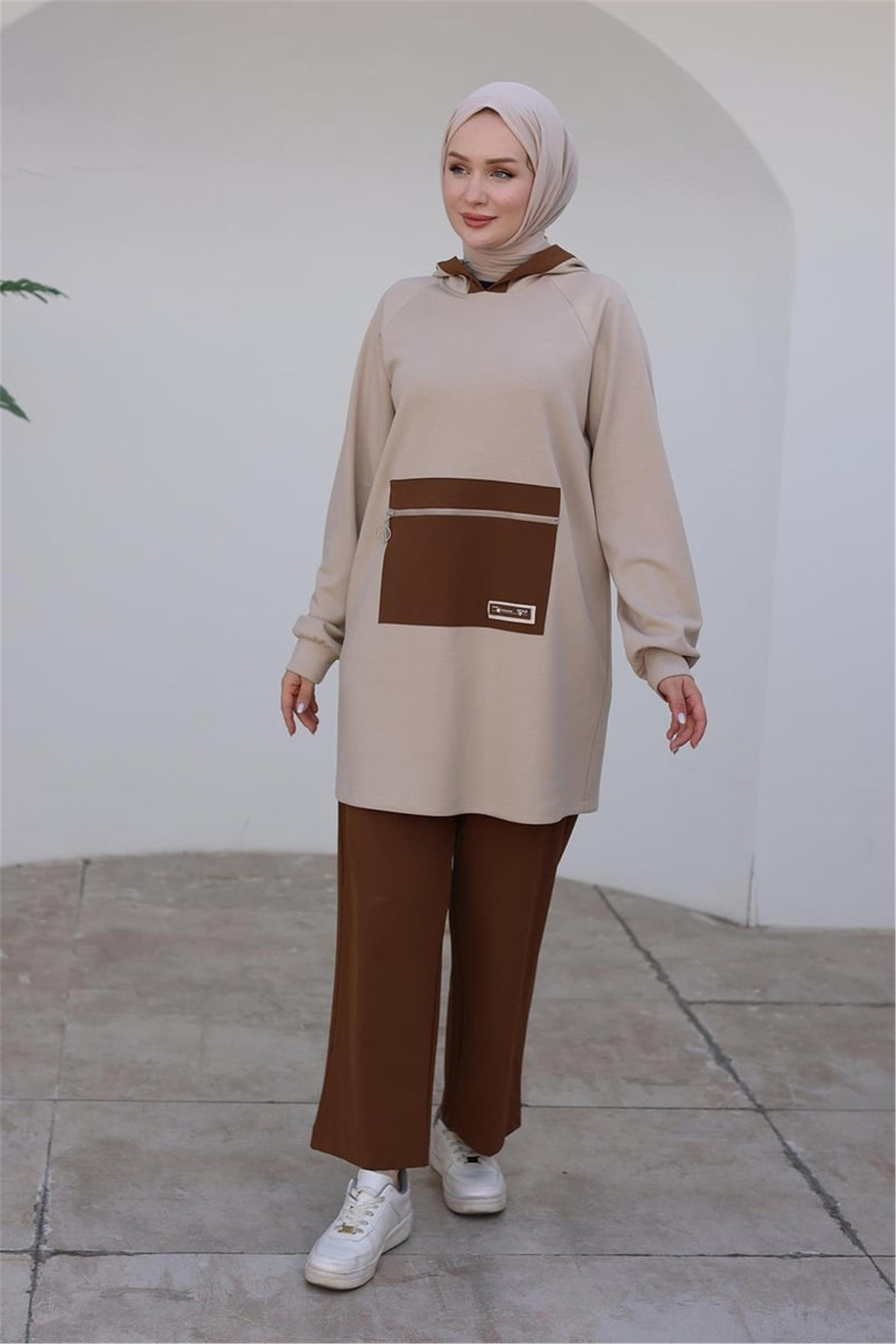 Kapüşonlu Kolları Ribanalı Bej Takım