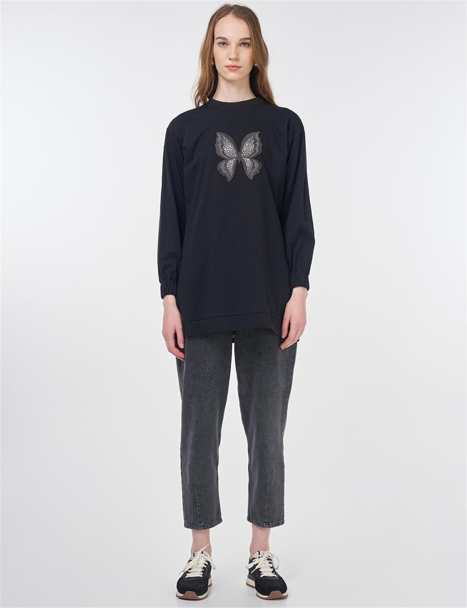 Kelebek Nakışlı Pamuklu Sweatshirt Siyah