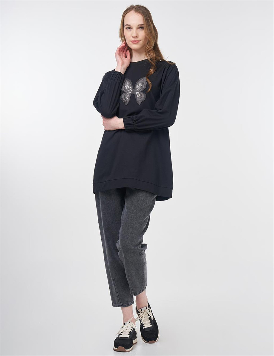 Kelebek Nakışlı Pamuklu Sweatshirt Siyah