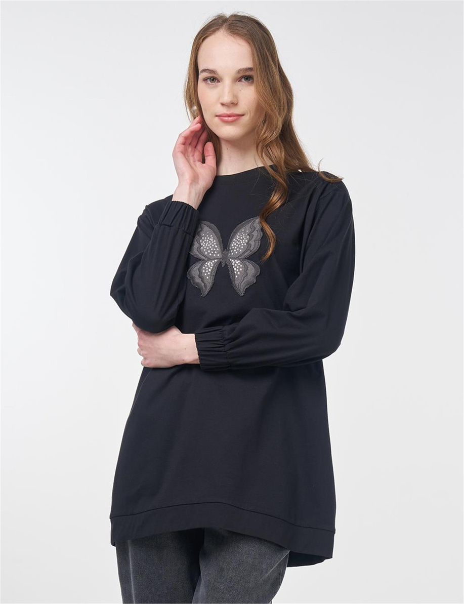 Kelebek Nakışlı Pamuklu Sweatshirt Siyah