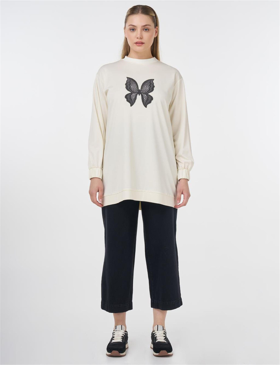 Kelebek Nakışlı Sweatshirt Ekru