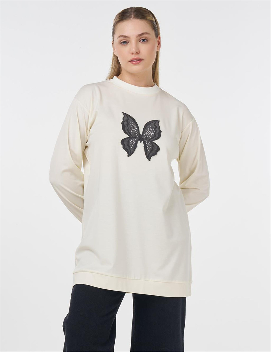 Kelebek Nakışlı Sweatshirt Ekru
