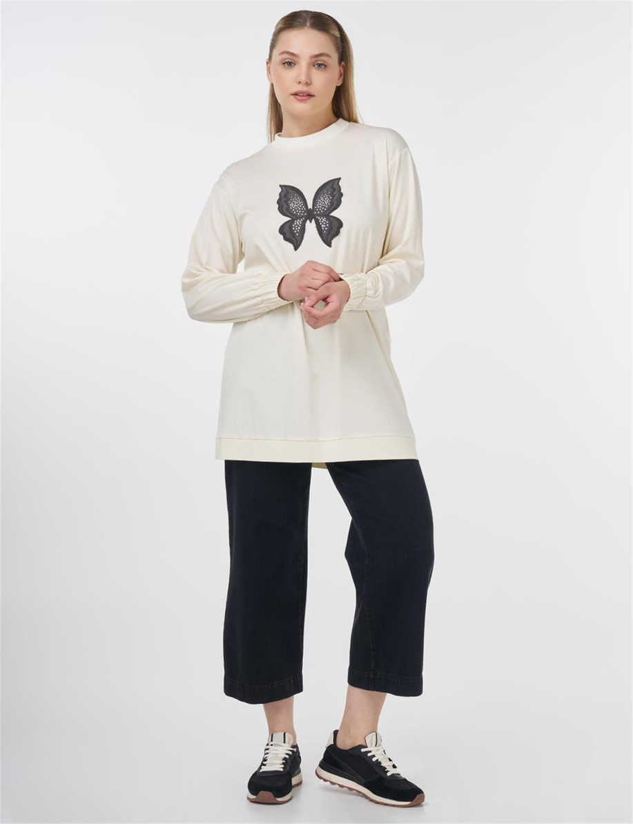 Kelebek Nakışlı Sweatshirt Ekru