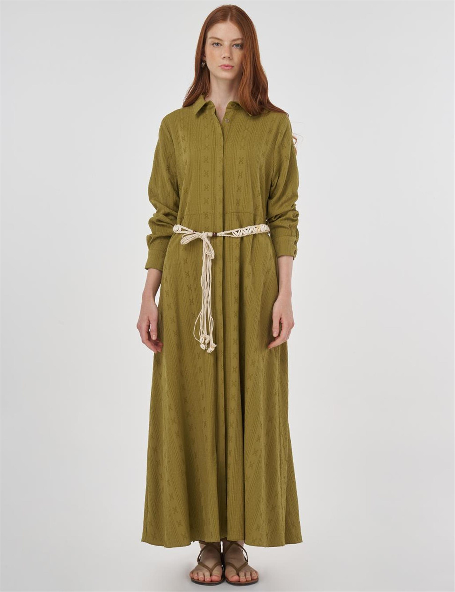 Kemer Detaylı Gofreli Elbise Haki