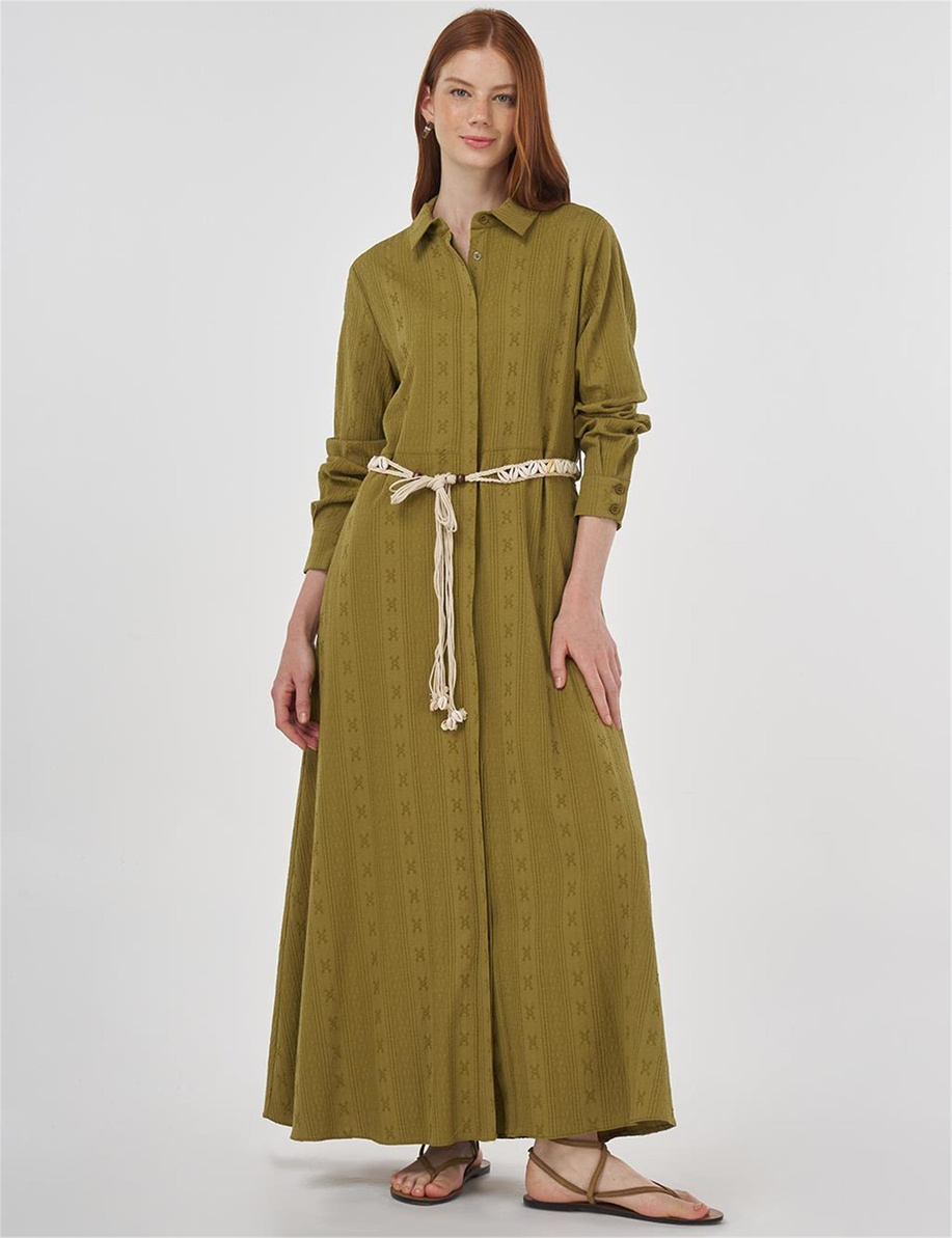 Kemer Detaylı Gofreli Elbise Haki