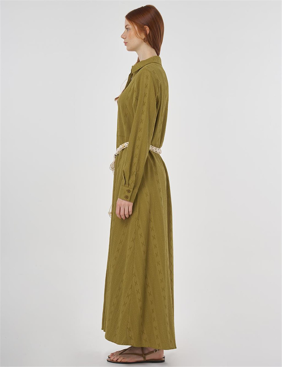 Kemer Detaylı Gofreli Elbise Haki