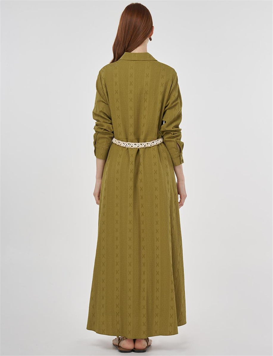 Kemer Detaylı Gofreli Elbise Haki