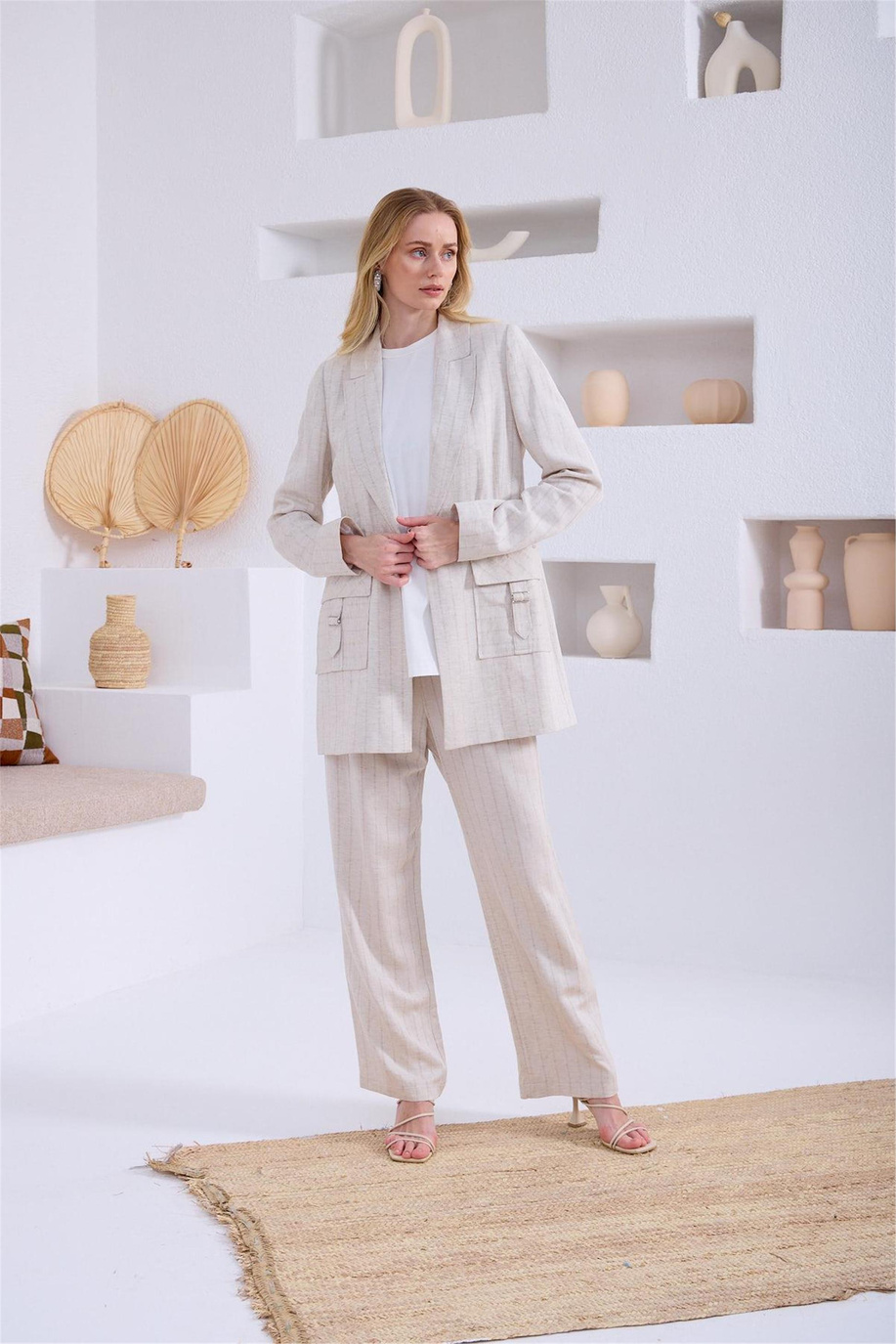 Keten Çizgili Blazer Bej Takım
