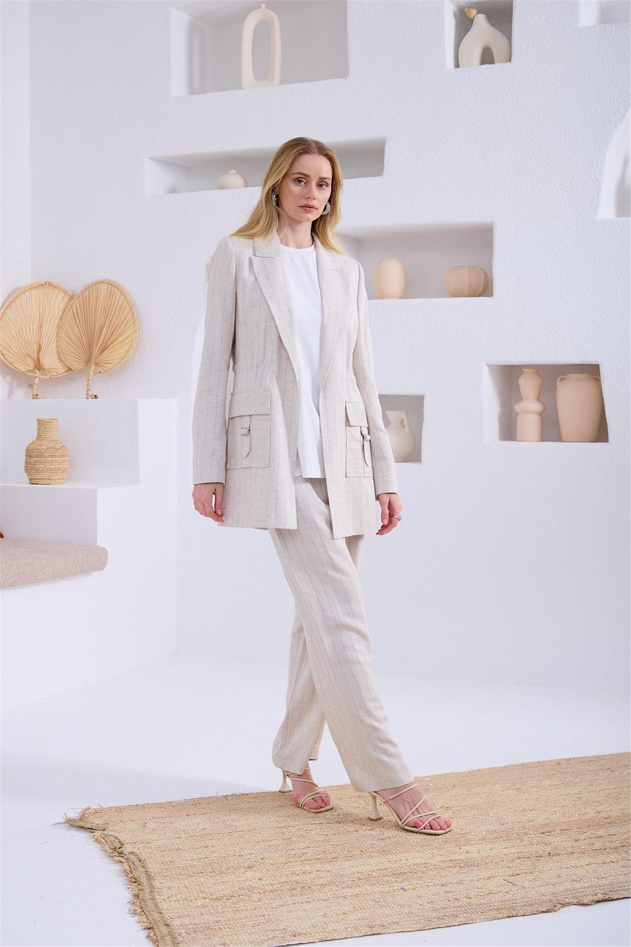 Keten Çizgili Blazer Bej Takım