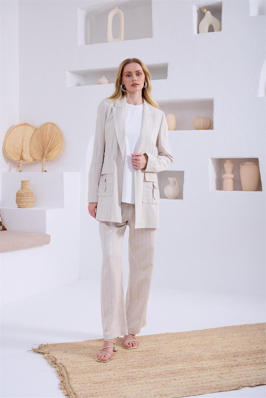 Keten Çizgili Blazer Bej Takım