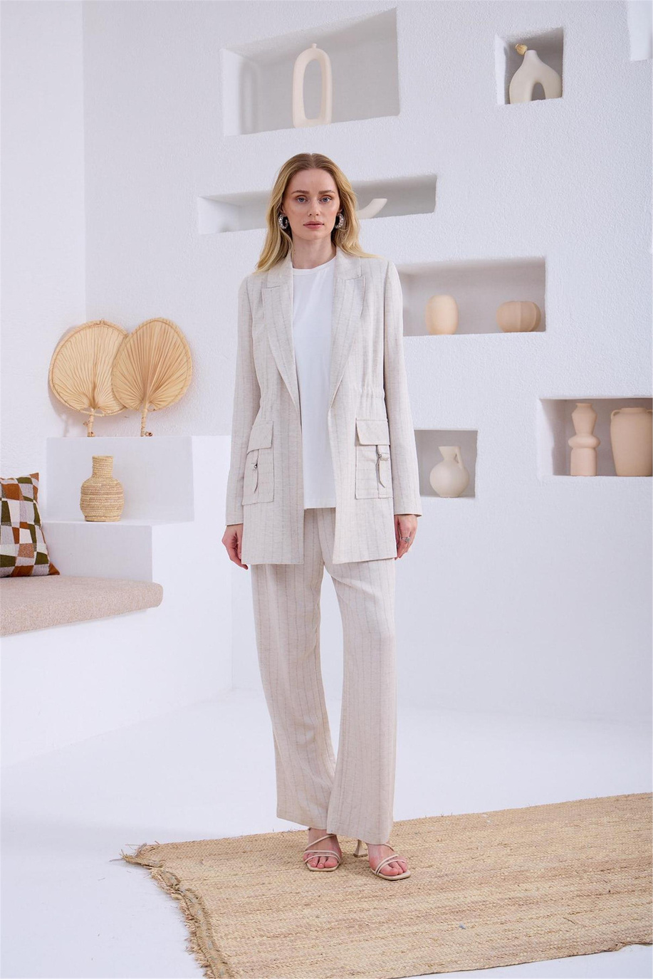 Keten Çizgili Blazer Bej Takım