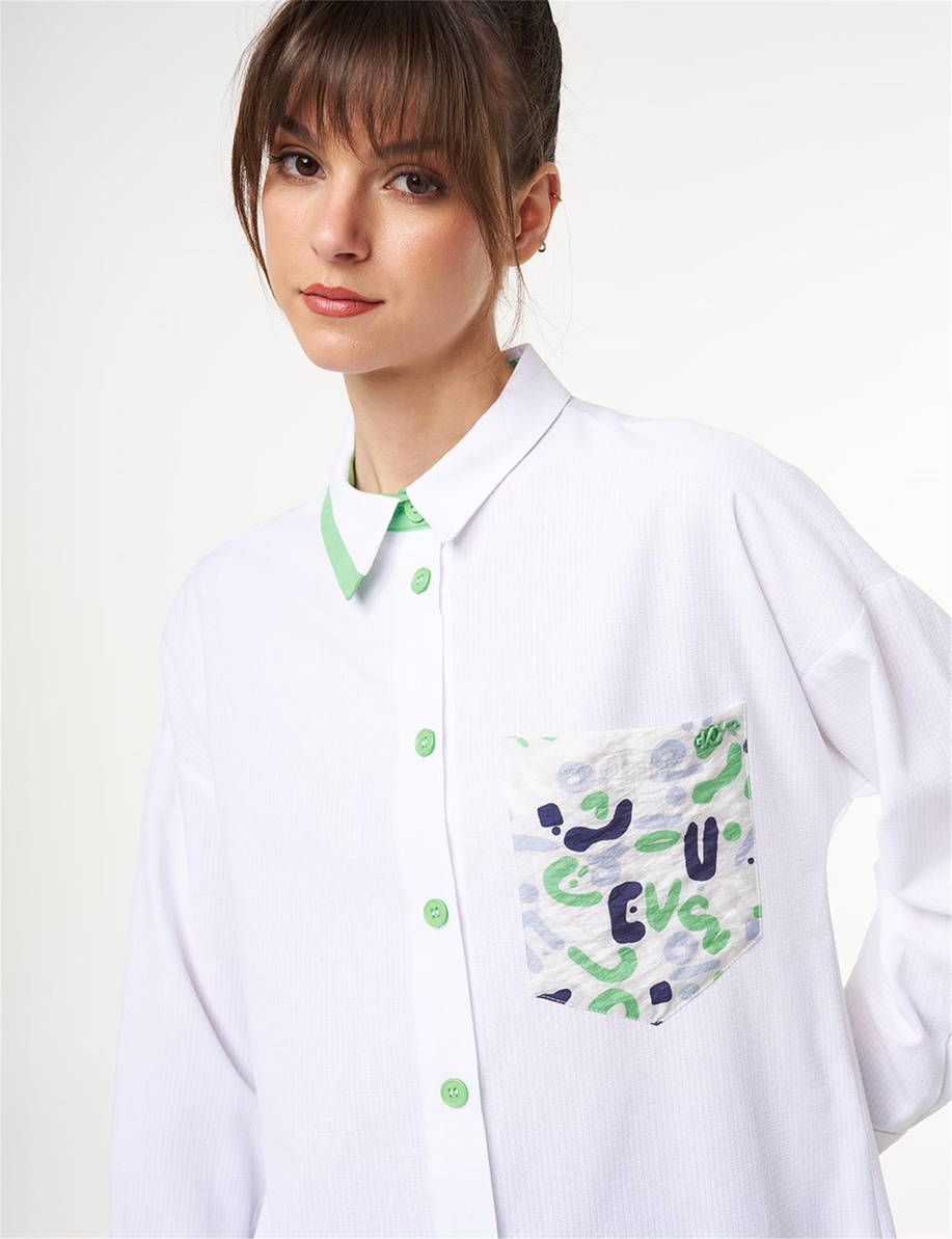 Keten Karışımlı Baskılı Tunik Optik Beyaz