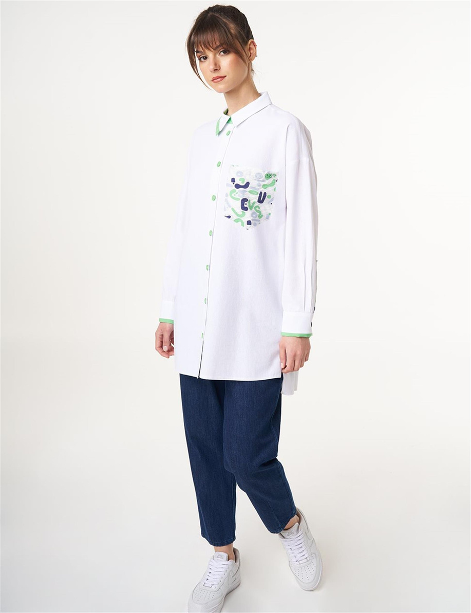 Keten Karışımlı Baskılı Tunik Optik Beyaz