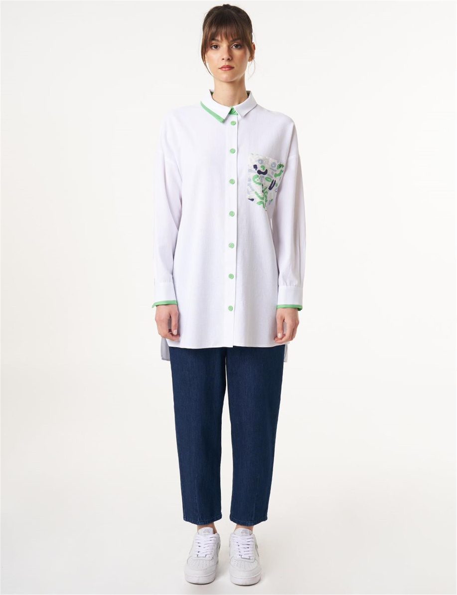 Keten Karışımlı Baskılı Tunik Optik Beyaz