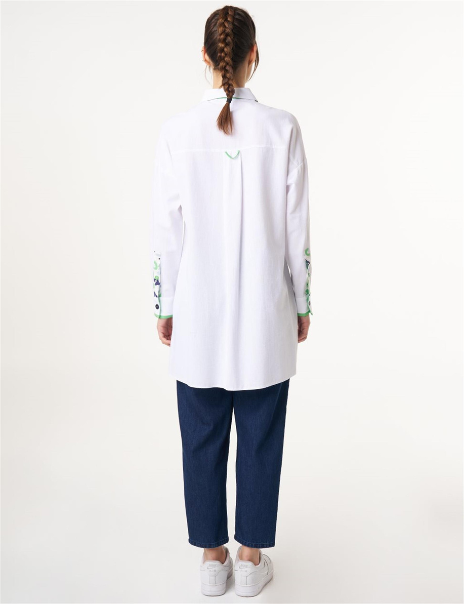 Keten Karışımlı Baskılı Tunik Optik Beyaz