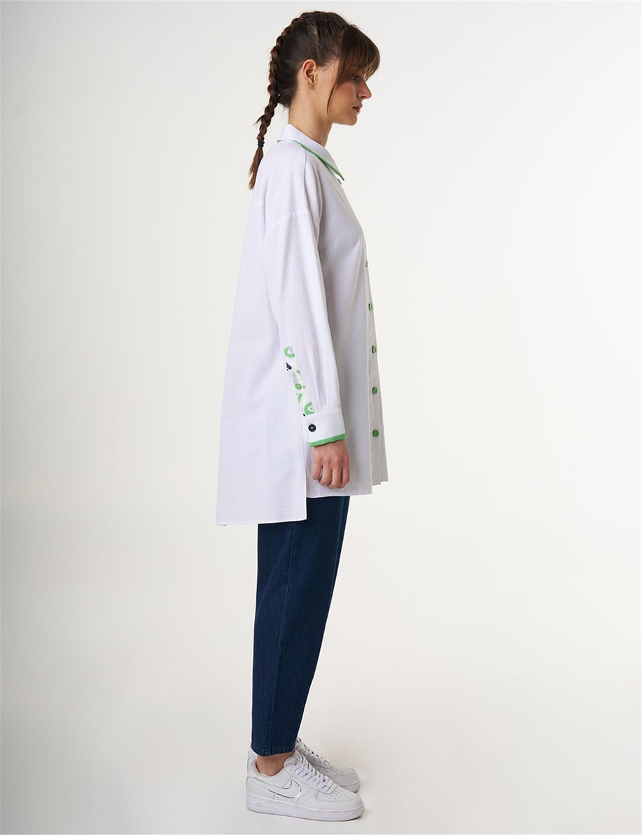 Keten Karışımlı Baskılı Tunik Optik Beyaz